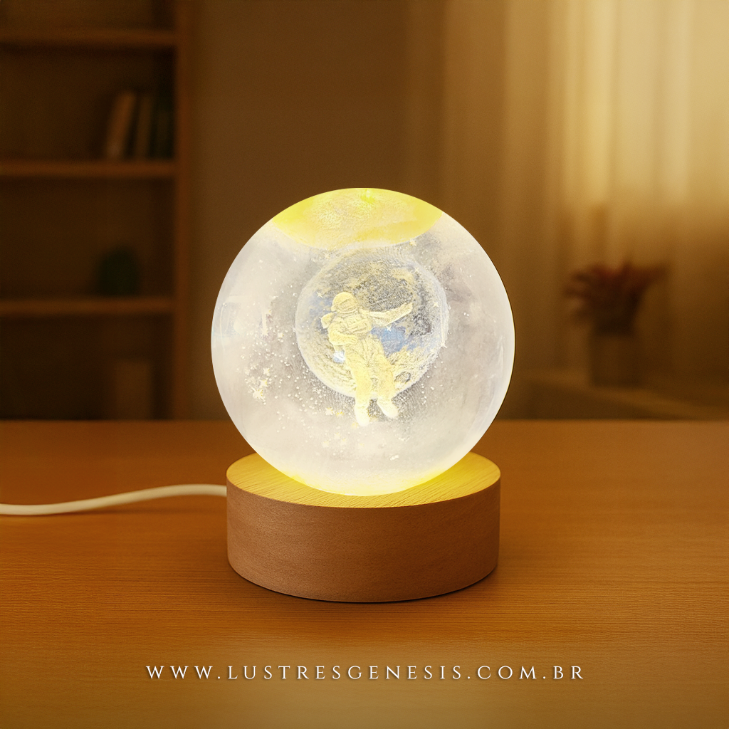 Abajur USB de madeira e cristal com astronauta 3D iluminado, ideal para decoração de quartos, escritórios e escrivaninhas.